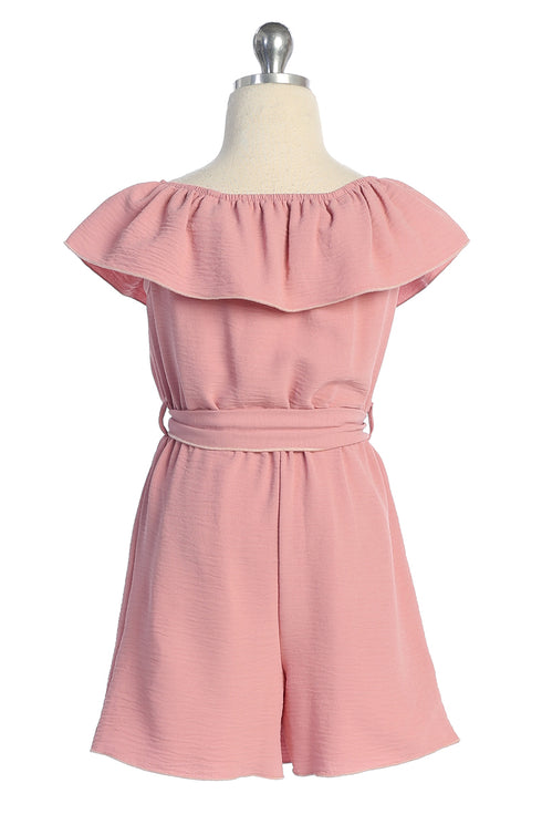 Girls Ruffle-Trim Buttoned Romper with Waist Tie, Sizes 4-14